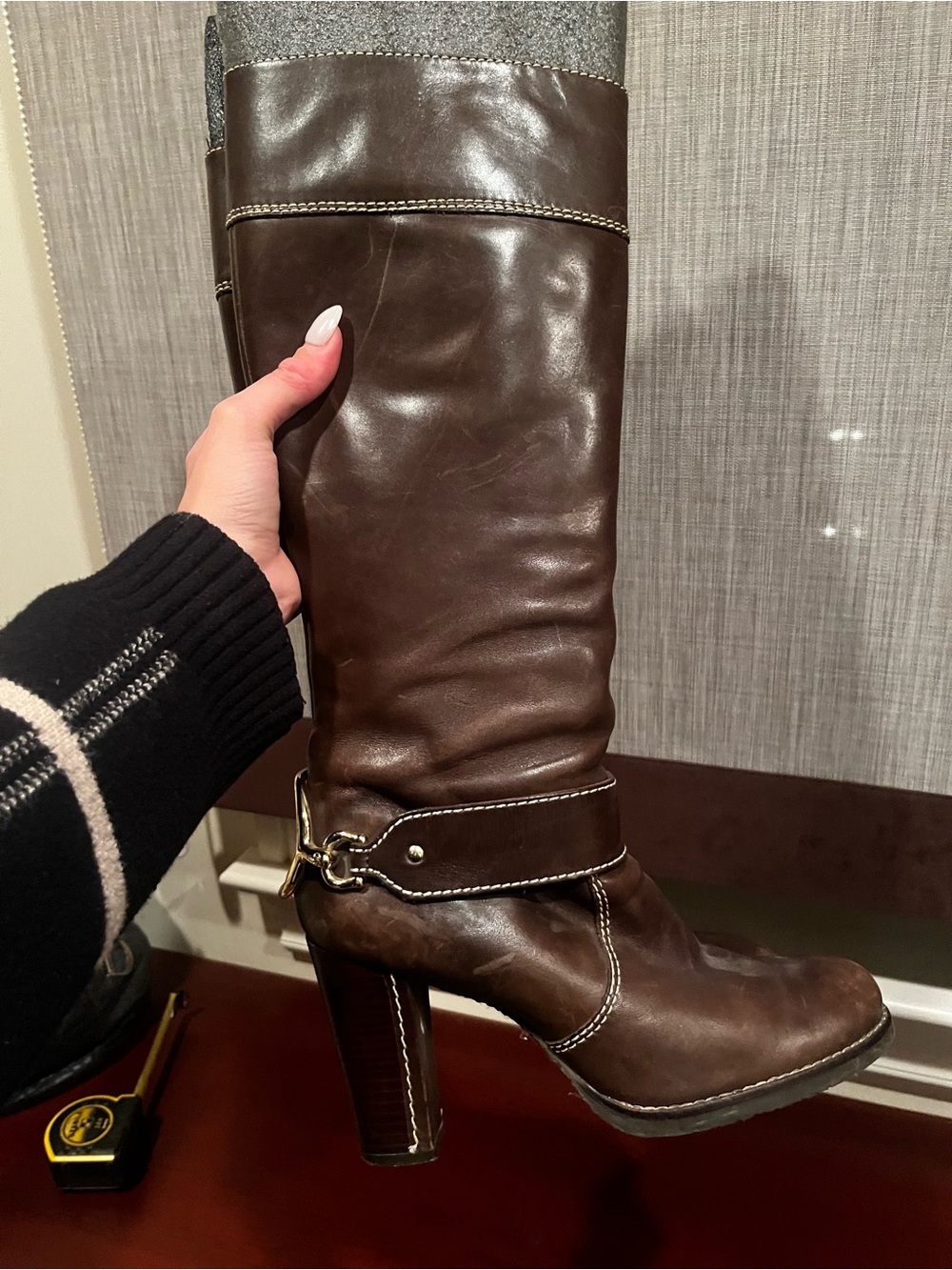 Juicy Couture Vintage Brown Leather High Heel Knee Boot with Harness Accent sz 9